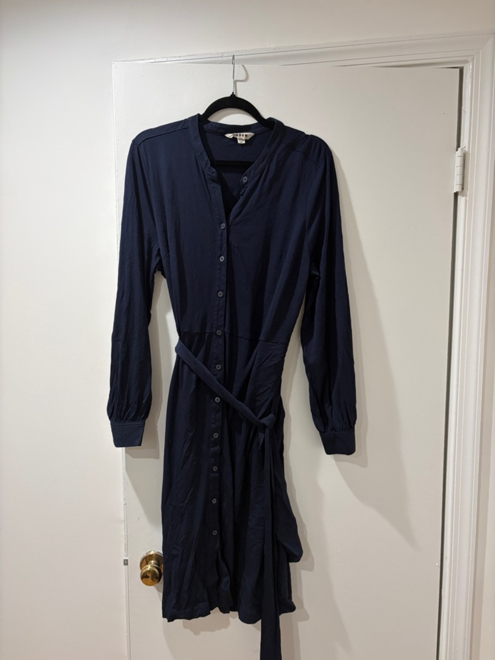 Boden Navy Long-Sleeve Button-Front Shirt Dress with Tie Belt